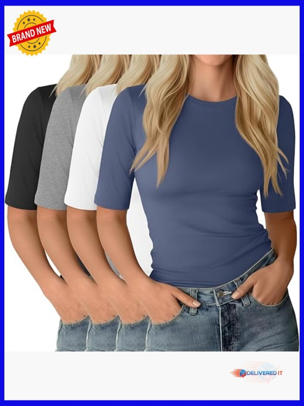 4 Pack Women's Half Sleeve T-Shirts Elbow Length Slim Fit Crewneck Basic Tees